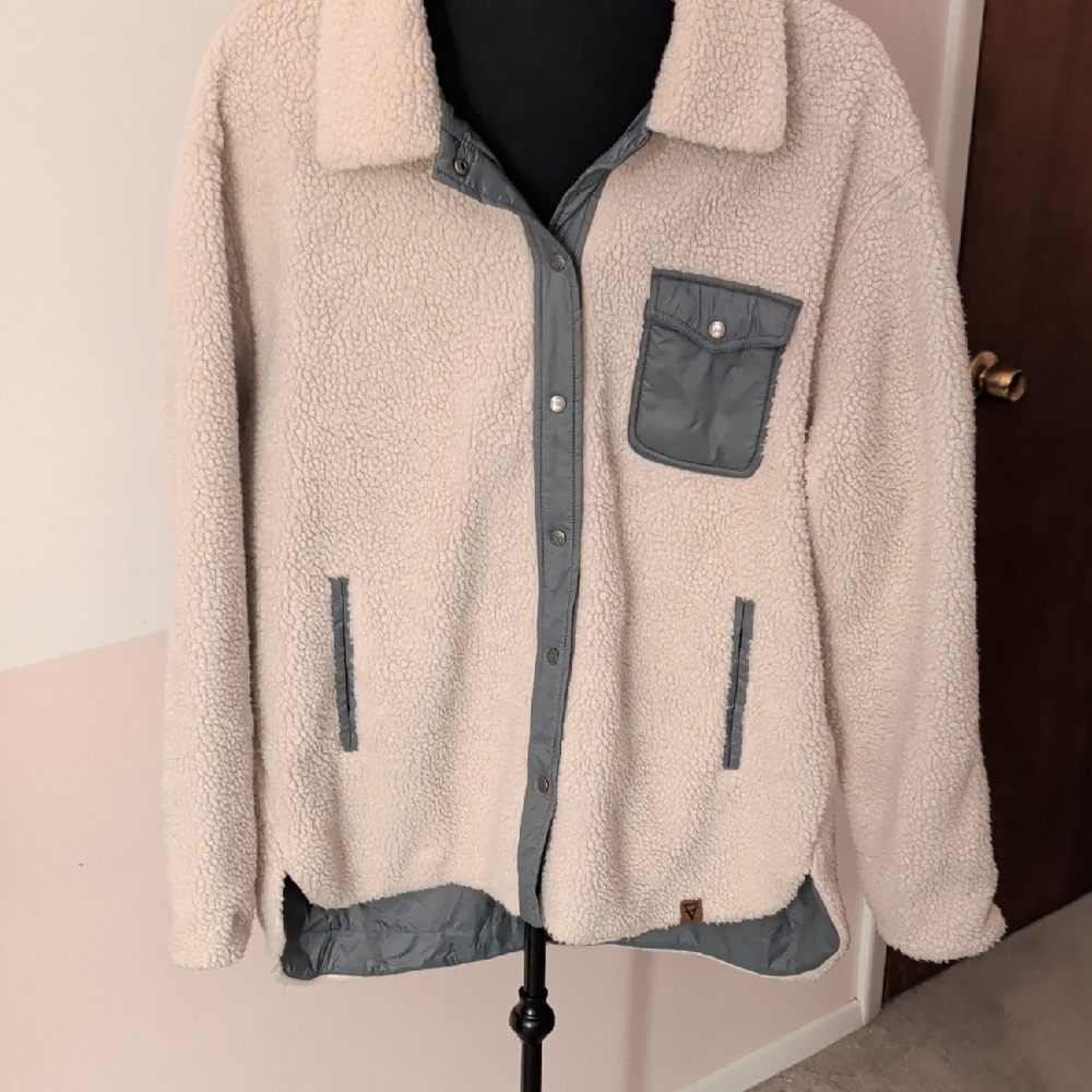 Women's Cream Sherpa Jacket with Sage Green Accents